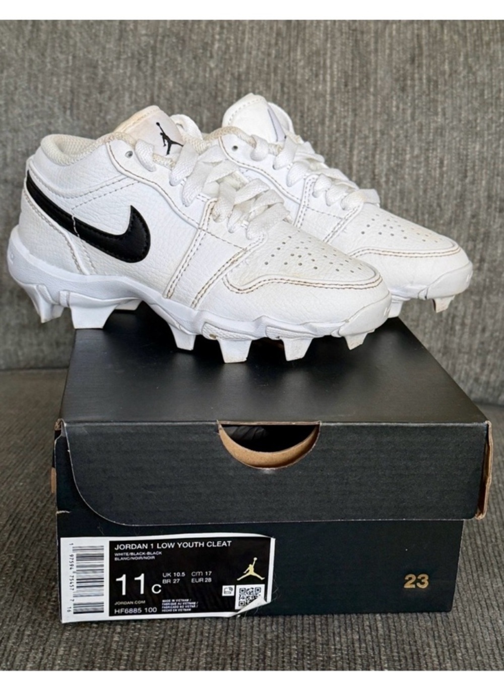 Nike Jordan 1 Low Youth Cleat - White - Size 11c